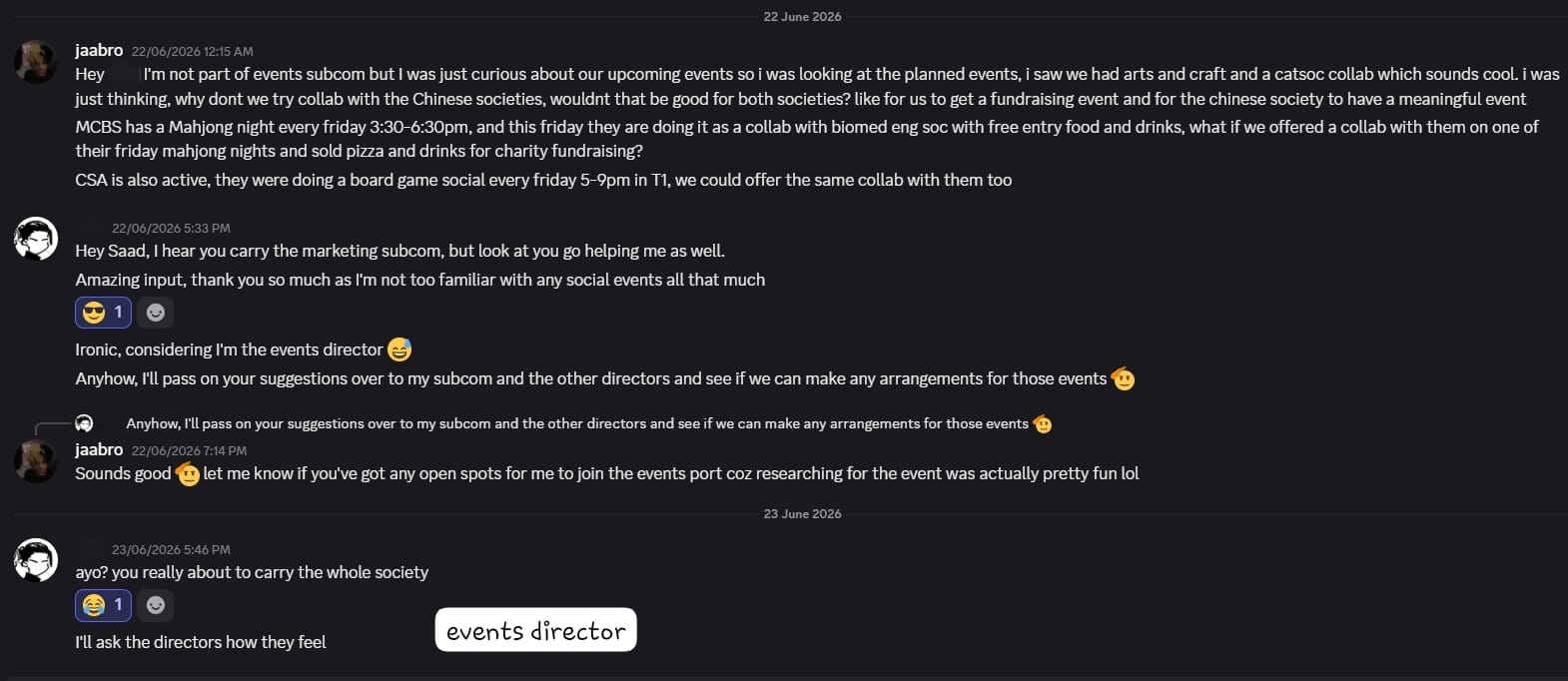 Message from the Events Director praising Saad's input
